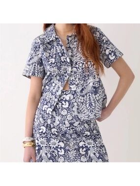 J.Crew Mermaid Floral Gamine Poplin Shirt Coastal Resort Chic Navy White Size 4